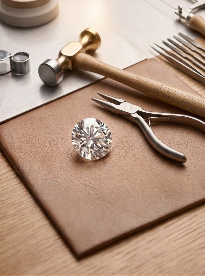 A round brilliant-cut clear gemstone rests on a brown leather pad beside silver and brass jewelry tools, including pliers and a hammer, arranged on a wooden workbench.