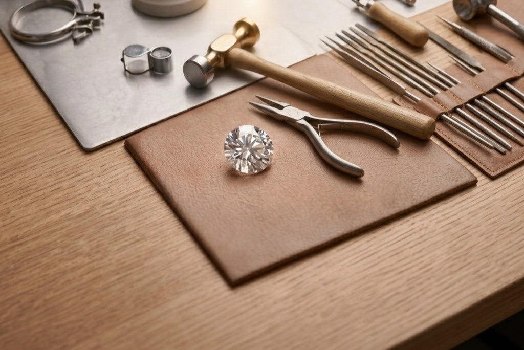 A close-up of jewelry-making tools arranged on a wooden table, including a leather tool roll with metal punches and needles, a small hammer, pliers, and a faceted clear gemstone on a brown leather pad.