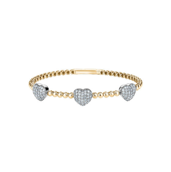 14K YELLOW GOLD SOFT BANGEL WITH DIAMOND HEARTS