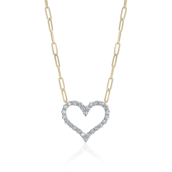 14K YELLOW  GOLD & DIAMOND HEART PENDENT WITH PAPER CLIP CHAIN